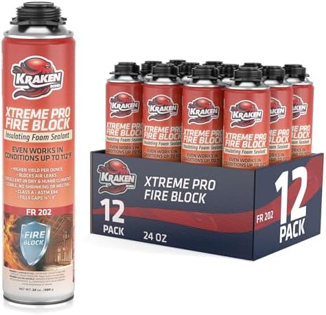 Kraken Bond Xtreme Pro Fire Block Expanding Foam Sealant (12x24oz), Professional Polyurethane Insulating Foam with Fire Block Technology, High Heat Resistant and Waterproof, Gun Not Included – 12 Pack