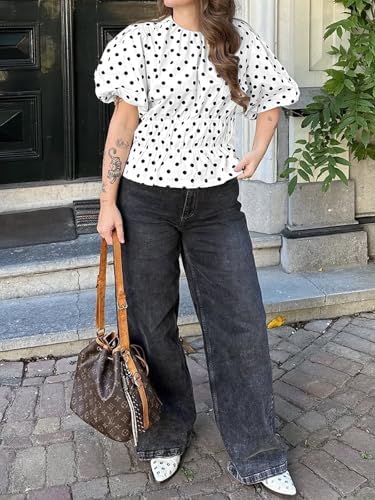 Cicy Bell Women Polka Dot Peplum Blouse Round Neck Puff Sleeve Summer Top
