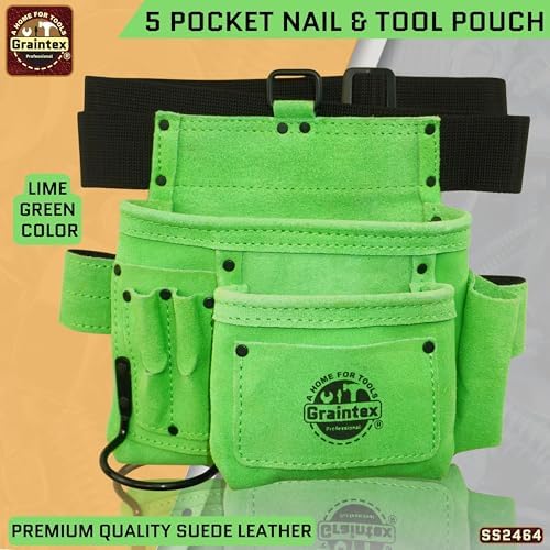 Graintex 5 Pocket Suede Leather Tool Belt/Bag, Multipurpose Leather Tool Belt for Women and Men, Ideal for Construction, Electrician, Handymen, Carpenter, Gardening Pouch & DIY Projects