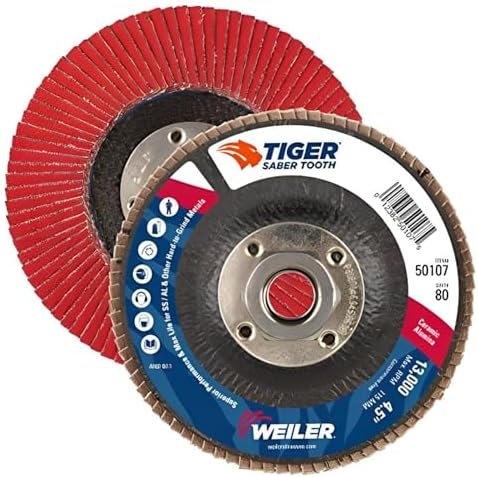 Weiler 50107 Saber Tooth 5/8"-11 Arbor, 4-1/2" Diameter, 80 Grit, Ceramic, Phenolic Backing, Angled Abrasive Flap Disc (Pack of 10)