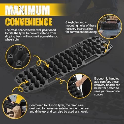 BUNKER INDUST Off-Road Traction Boards, Pair Recovery Tracks Traction Mat for Jeep Mud, Sand, Snow Traction Pads-Black Emergency Tire Traction Device (Gen 10th)