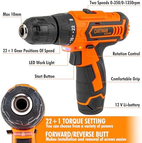 CARTMAN Orange 198-Piece 12V Cordless Drill Tool Combo Kit