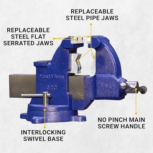 Yost Vises 32C Combination Vise | 4.5 Inch Jaw Width Heavy-Duty Utility Pipe and Bench Vise | Secure Grip with Swivel Base and Large Pipe Jaw Capacity | Made with Ductile Iron | Blue