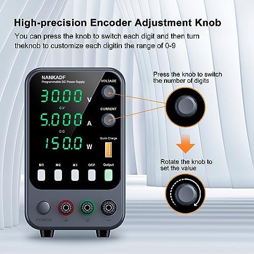 DC Power Supply, 30V 5A Bench Power Supply with Memory Storage & Recall，Variable Power Suppy with Encoder Adjustment Knob, 5V/3.6A USB Quick-Charge & OCP Short Circuit Alarm