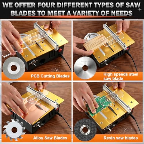 Mini table Saw,mini Table Saws for Crafts,Dual Motors & Switches,small table saw with adjustable cutting angle,depth,and speed,All-in-One Cutting/Grinding/SandingTool,Creat for Hobbyists Model Maker
