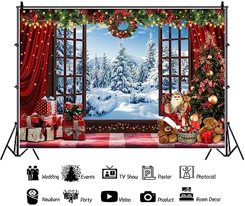 12x8ft Christmas Window Backdrop for Photography Winter Wonderland Snow Mountain Christmas Tree Photo Background Xmas Theme Holiday Party Decorations Banner Family Photo Shoot Background