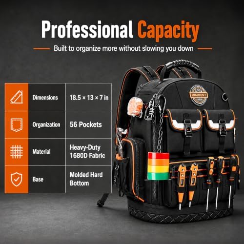 LOKASS Tool Backpack Heavy Duty, 2 Tool Pouches, 56 Pockets, Molded Bottom