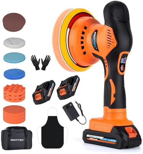 Protmex Cordless Car Buffer Polisher w/ 2x2000mAh 21V Batteries, Orange