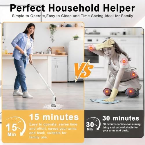 Electric Spin Scrubber, Cordless Power Scrubber with Adjustable Long Handle, 3 Speeds with IPX7 Shower Scrubber, 8 Brush Heads, Electric Cleaning Brush for Bathroom/Kitchen/Bathtub/Crack/Floor/Car