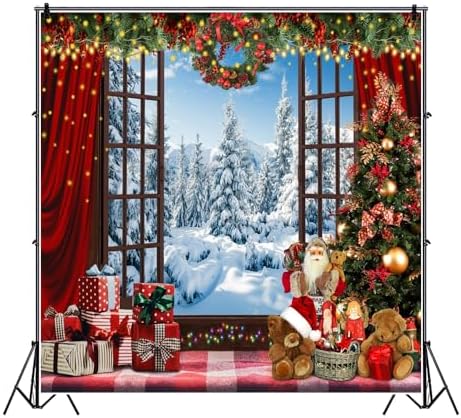 Christmas Window Backdrop for Photography 8x8ft Winter Wonderland Snow Mountain Christmas Tree Photo Background Xmas Theme Holiday Party Decorations Banner Family Photoshoot Background