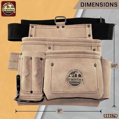 Graintex 5 Pocket Suede Leather Tool Belt/Bag, Multipurpose Leather Tool Belt for Women and Men, Ideal for Construction, Electrician, Handymen, Carpenter, Gardening Pouch & DIY Projects