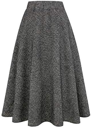 IDEALSANXUN Womens Plaid Wool Skirts Elastic Waist A-Line Pleated Tartan Long Skirts