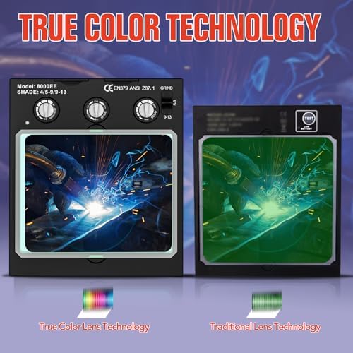 TRQWH Welding Helmet Auto Darkening Large Viewing True Color Solar Powered Welding Mask with 4 Arc Sensor Adjustable Wide Shade Range 4~5-8/9-13 Welder Mask with Grinding