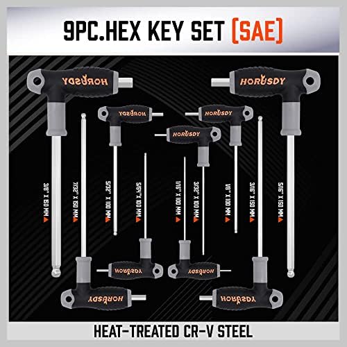 HORUSDY 18-Piece T-Handle allen wrench set, Inch/Metric Long Arm Ball End Hex Key Wrench Set, MM(1.5mm-10mm) SAE(1/16"-3/8")