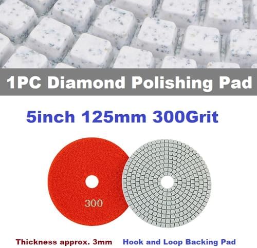 Diamond Polishing Pad, 5 inch 125 mm 300 Grit Sanding Discs for Grinder & Polisher, Hook and Loop Backing Pad for Grinding Buffing Granite Marble Concrete Stone (1 Piece)