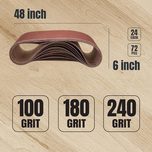 POWERTEC 6 x 48 Inch Sanding Belts, 72PK, 24 Each of 100/180/240 Grits, Aluminum Oxide Belt Sander Sanding Belt Assortment for Bench Belt Sander, Wood & Paint Sanding, Metal Polishing (11022-1-Case8)