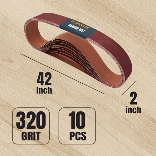 POWERTEC 2x42 Aluminum Oxide Sanding Belts, 10PK, 320 Grit 2 x 42 Sanding Belts for 2x42 Belt Sander, Grinder, Belt and Disc Sander, Knife Making, Woodworking, Metal Working (424232A)