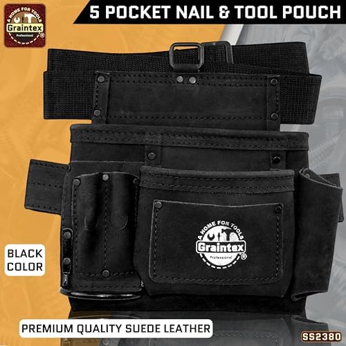 Graintex 5 Pocket Suede Leather Tool Belt/Bag, Multipurpose Leather Tool Belt for Women and Men, Ideal for Construction, Electrician, Handymen, Carpenter, Gardening Pouch & DIY Projects