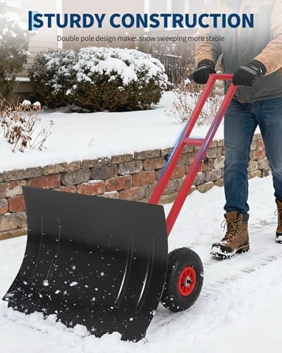 GarveeTech 29x19.8 in Rolling Snow Shovel on Wheels, Metal Snow Pusher