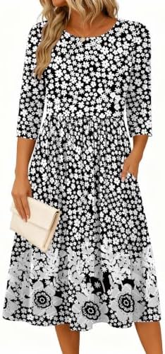 Zeagoo 3/4 Sleeve Women's Dress Casual Aline Summer Fall Midi Long Dresses