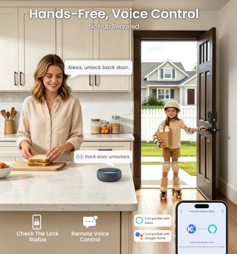 Veise VE027-L WiFi Smart Lock with Handles Set for Front Door, Matte Black | Remote APP Control, Fingerprint Voice & Fob Unlock, Touchscreen Keyless Entry Door Lock with Lever, No Hub Need, Auto Lock