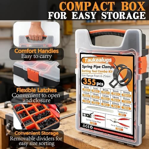 355PCS 17 Sizes Spring Band Hose Clamps Assortment with Two Pliers Tool