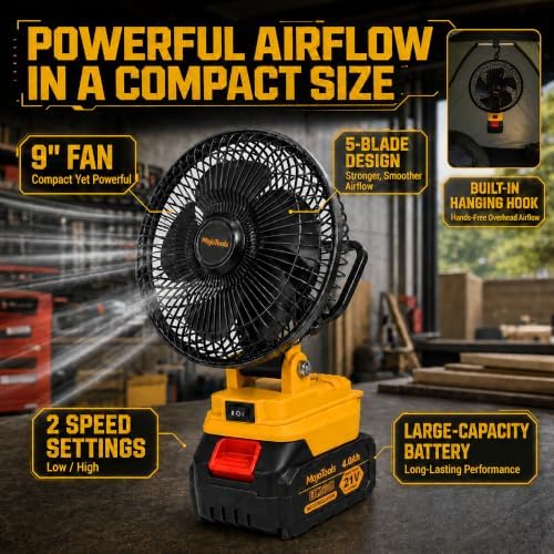 21V Cordless Camping Fan & LED Work Light Combo Kit — 9-Inch Portable Job Site Fan with Stepless Speed, 4.0Ah Battery & Charger Included, for Camping, Outdoor (Yellow Black Fan Light Set)