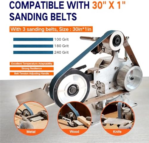 Belt Sander Professional with Vertical and Horizontal Support, 30" x 1" Belt Size, 3 Grit Belts (100/180/240), Metal Wood Knife Sharpening, Adjustable Workbench