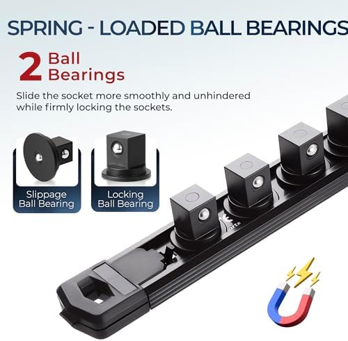 Reniteco Magnetic Socket Organizer Set, 6-Piece 1/4” 3/8” 1/2” Socket Rails | 80-Clip: 1/4" Rail-28 Clips, 3/8" Rail-24 Clips, 1/2" Rail-28 Clips, Heavy-Duty Aluminum Alloy Rails, Drawer or Wall Mount