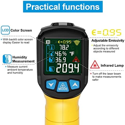 Infrared Thermometer Temperature Gun, -58°F to 1472°F, Digital Laser Thermometer Gun with Probe for Cooking, Pizza Oven, Grill & Engine, IR Thermometer Temp Gun with Adjustable Emissivity & Humidity