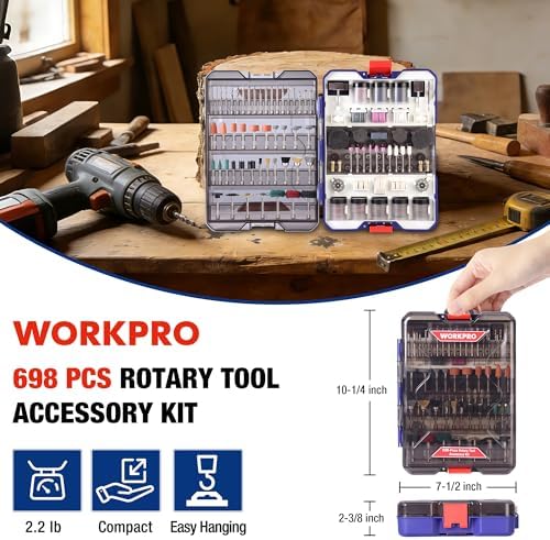 WORKPRO 698-Piece Rotary Tool Accessories Kit, Rotary Tool Bits for Easy Cutting, Grinding, Sanding, Polishing, Cleaning, Drilling, Carving and Engraving