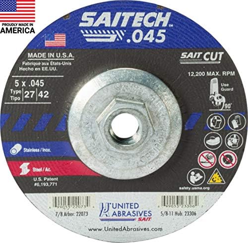 United Abrasives-SAIT 23306 Saitech™ High Performance Cut-Off Wheels (Type 27/Type 42 Depressed Center) 5" x .045" x 5/8-11", 10-Pack