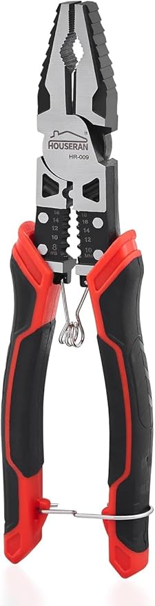 Linemans Pliers, 8.3 Inch Combination Pliers, | with Wire Stripper and Crimper, Spring Loaded with Safety Lock, 5-in-1 Linesman Pliers for Cutting, Crimping, Stripping