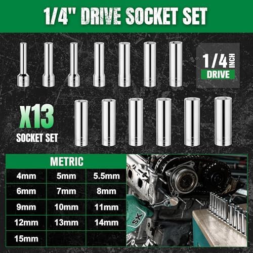 SK Tools USA 1/4"Drive Socket Set, Deep Metric Sockets, 13-Piece 4-15mm | 6 Point, SuperKrome Finish, Premium CR-V Steel, with Storage Rail