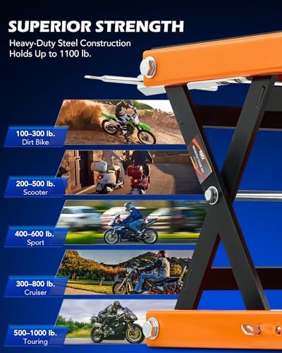 OMT Motorcycle Lift, 1100lb Crank Hoist Stand with T Handle, 3/8" Socket | Orange Scissor Lift Jack; Center Stand With Wide Deck; Chain Brush Included; Ideal For ATV, Dirt Bike, Cruiser Maintenance