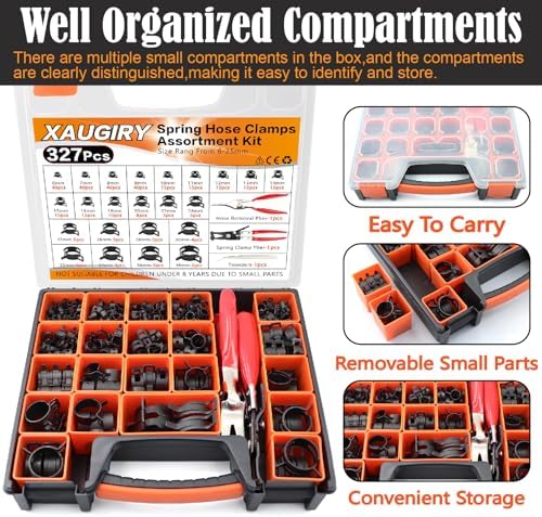 327Pcs 6-38mm Spring Hose Clamps Assortment Kit with Spring Clamp Plier,Hose Removal Plier,for Fuel Line,Vacuum Hoses,Silicone,Air Hose Applications