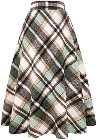 IDEALSANXUN Womens Plaid Wool Skirts Elastic Waist A-Line Pleated Tartan Long Skirts