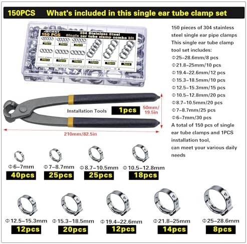 ASKWAY Single Ear Hose Clamp 6-28Mm 150 Pcs 10 Sizes, 304 Stainless Steel Stepless Hose Clamp, Suitable For Pex Pipe Connection, Automotive, Pipeline, Garden And Industrial Use