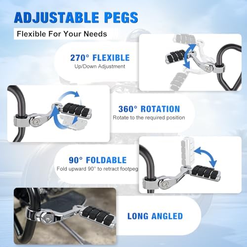 Nilight 1.25" Motorcycle Highway Pegs For Harley Davidson Touring Road King Street Glide Sportster Adjustable Long Angled Foot Pegs Universal For 1-1/4" Engine Guard Crash Bars Highway Footpegs Chrome