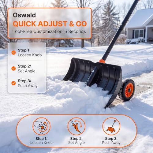 29" Snow Pusher Shovel with Adjustable Handle, Snow Shovel with Wheels, Snow Clean Tool for Driveway or Pavement, Black