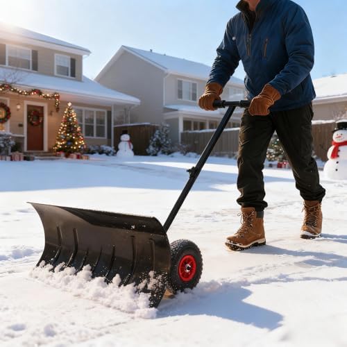 Garvee Heavy Duty Steel Snow Shovel Pusher with Wheels for Driveways, 29In Wide Push Snow Plow Shovel, Adjustable Handle, Angled Blade, Efficient Snow Removal for Easy Driveway & Pavement Clearing