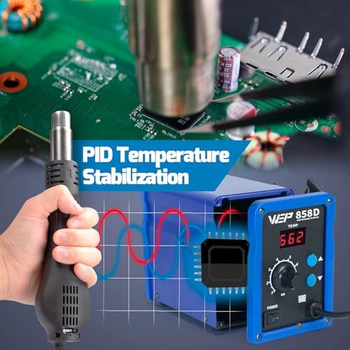 WEP 858D Hot Air Rework Soldering Station with Temperature Control, Adjustable Air Volume, Digital Display for SMD Soldering with 4 Extra Hot Air Nozzles