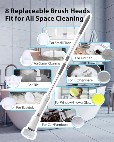UBeesize Electric Spin Scrubber,Long Cordless Cleaning Brush,Rotatable Shower Scrubber with 8 Replaceable Heads,Adjustable Detachable Handle Bathroom Scrubber for Bathtub,Tile,Floor and Car Cleaning