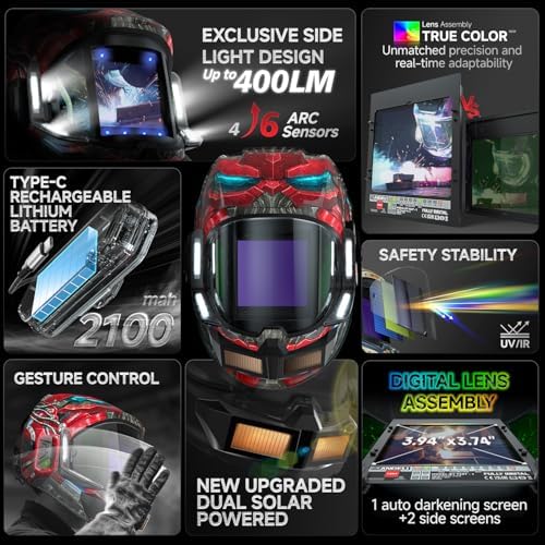 ANDELI Auto Darkening Welding Helmet with Light,Upgraded Solar Powered