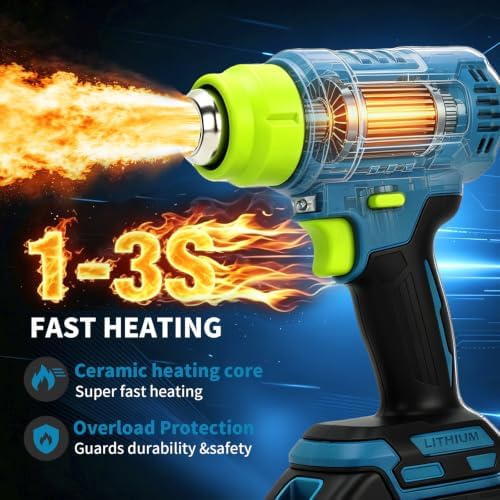 21V Cordless Heat Gun, Max 1004℉ Digital LCD Display Hot Air Gun with 2 x 6.0Ah Batteries and 4 Nozzles, Portable Heat Gun with LED Light, Pistola De Calor for Shrink Tubing, Vinyl Wrap, DIY