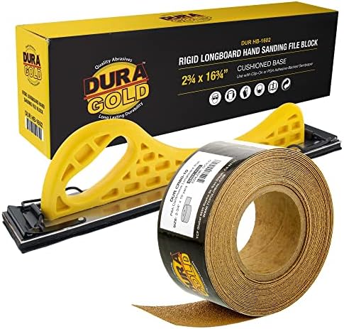 Dura-Gold Pro Series Longboard Hand Sanding File Sander Block - Hook & Loop Backing and PSA Backing Adapter Pad & 60 Grit PSA Longboard Sandpaper 20 Yard Roll, 2-3/4" Wide
