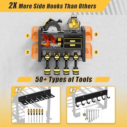 Power Tool Organizer Wall Mount, 150LBS Capacity, 3 Tier, 4 Drill Holders