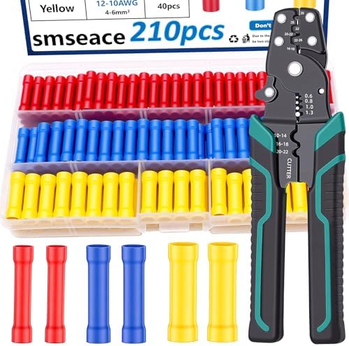 smseace 210PCS Wire Butt connectors with Crimping Tool 22-10AWG Butt Splice Connectors Insulated Electrical Straight Wire Terminal