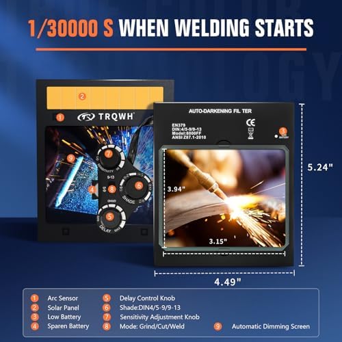 TRQWH Auto Darkening Welding Lens - Welding Helmet Lens True Color Technology with 4 Arc Sensor Ajustable Shade Range 4/5-13 Automatic LCD Lens Dimming Shade Filter 4.49x5.24in Auto Welding Lens