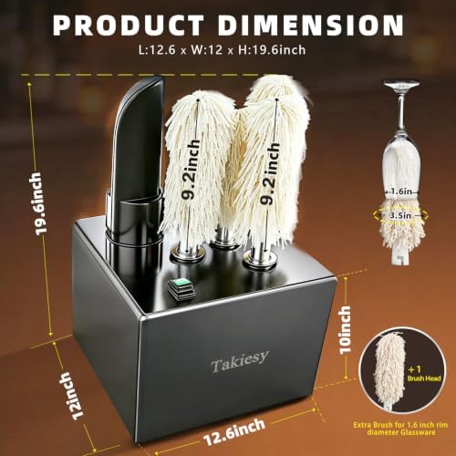 Commercial Glass Polisher Machine with 6 Microfiber Brushes, 330 Cups/Hour, 136℉ Warm Air Drying & LFGB Certified Heads, Stainless Steel Build for Wine Beer Glasses in Bar (Black SS)